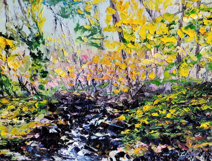 I painted this in autumn 2017, whilst walking my dog, Odysseus, in Hydes - just north of Baltimore. Maryland, in general, is beautiful. Every season is distinct. This is especially visible in the woodland. Off Hartley Mill Lane, there is a stream which runs over rocks and under a bridge. Standing on that bridge I observed how the near bright yellow leaves gave way to pastel colours further in. It reminded me that the colours in Maryland are often very rich. It's a nice contrast to the subtle tones of places like Namibia.